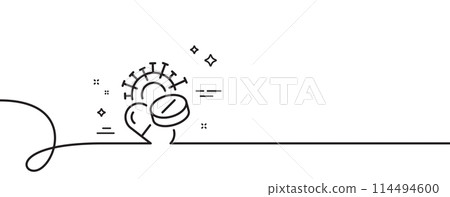 Coronavirus pills line icon. Continuous one line with curl. Covid-19 virus vaccine sign. Corona virus symbol. Coronavirus pills single outline ribbon. Loop curve pattern. Vector Coronavirus pills line icon. Continuous one line with curl. Covid-19 virus vaccine sign. Corona virus symbol. Coronavirus pills single outline ribbon. Loop curve pattern. Vector 114494600