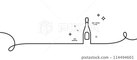 Champagne bottle line icon. Continuous one line with curl. Anniversary alcohol sign. Celebration event drink. Champagne single outline ribbon. Loop curve pattern. Vector Champagne bottle line icon. Continuous one line with curl. Anniversary alcohol sign. Celebration event drink. Champagne single outline ribbon. Loop curve pattern. Vector 114494601