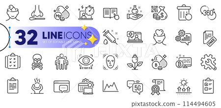Outline set of Magnesium mineral, Cogwheel and Seo message line icons for web with Rule, Difficult stress, 5g internet thin icon. Read instruction, Recovery trash, Medical help pictogram icon. Vector 114494605