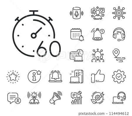 Stopwatch time sign. Place location, technology and smart speaker outline icons. Timer 60 minutes line icon. Countdown clock symbol. Timer line sign. Influencer, brand ambassador icon. Vector 114494612