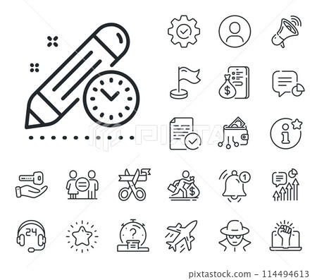 Time management sign. Salaryman, gender equality and alert bell outline icons. Project deadline line icon. Clock symbol. Project deadline line sign. Spy or profile placeholder icon. Vector 114494613