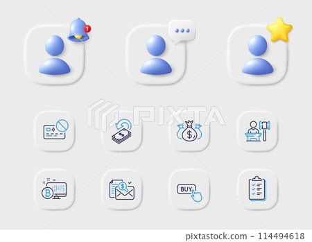 Buy button, Auction and Check investment line icons. Placeholder with 3d star, reminder bell, chat. Pack of Accounting report, Cashback, Bitcoin system icon. Checklist, Card pictogram. Vector 114494618