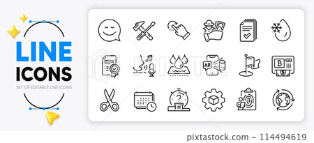 Rotation gesture, Hammer tool and Product development line icons set for app include Fingerprint, Microphone, Cut outline thin icon. Fraud, Certificate, Outsourcing pictogram icon. Vector 114494619
