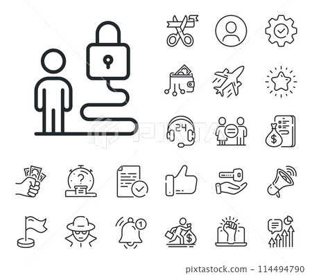 Security access sign. Salaryman, gender equality and alert bell outline icons. Lock line icon. Online padlock symbol. Lock line sign. Spy or profile placeholder icon. Online support, strike. Vector Security access sign. Salaryman, gender equality and alert bell outline icons. Lock line icon. Online padlock symbol. Lock line sign. Spy or profile placeholder icon. Online support, strike. Vector 114494790