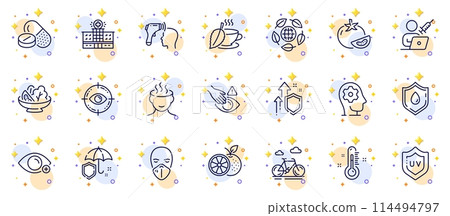 Outline set of Mint tea, Bike and Electronic thermometer line icons for web app. Include Improving safety, Salad, Hospital building pictogram icons. Eco organic, Thermometer. Vector Outline set of Mint tea, Bike and Electronic thermometer line icons for web app. Include Improving safety, Salad, Hospital building pictogram icons. Eco organic, Thermometer. Vector 114494797