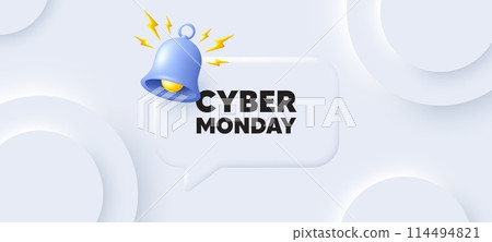 Cyber Monday Sale tag. Neumorphic background with chat speech bubble. Special offer price sign. Advertising Discounts symbol. Cyber monday speech message. Banner with bell. Vector Cyber Monday Sale tag. Neumorphic background with chat speech bubble. Special offer price sign. Advertising Discounts symbol. Cyber monday speech message. Banner with bell. Vector 114494821