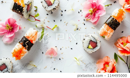 Sushi set with summer flowers on white table background 114495000