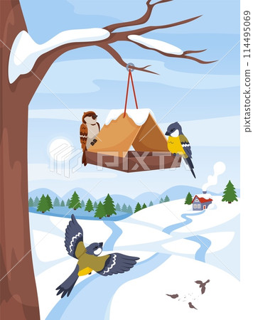 Birds on feeder. Winter landscape. Hanging house with grains on tree. Sparrows and titmouse. Wild nature. Tits pecking seeds. Cold season. Flying animal shelters. Recent vector concept Birds on feeder. Winter landscape. Hanging house with grains on tree. Sparrows and titmouse. Wild nature. Tits pecking seeds. Cold season. Flying animal shelters. Recent vector concept 114495069