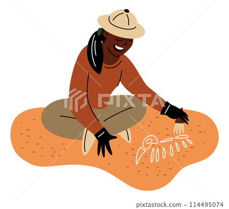Cartoon archeology. Paleontology excavation. Archeologist digging dinosaur skeleton. Prehistoric animal bones. Historical expedition. Woman with brush. Vector archeological concept 114495074