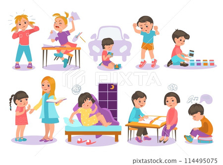 Cartoon autistic children. Kids with autist syndrome. Communication problems. Hyperactivity or autism spectrum disorder. Naughty girl in school. Alone boy games. Splendid vector set 114495075