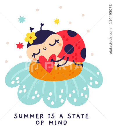 Cartoon ladybug card. Cute kids character. Beetles with polka dot. Ladybird sleeping on flower. Funny red insects dream. Children holiday. Happy flying animal. Summer vector poster design Cartoon ladybug card. Cute kids character. Beetles with polka dot. Ladybird sleeping on flower. Funny red insects dream. Children holiday. Happy flying animal. Summer vector poster design 114495078