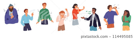 Cartoon people with unpleasant smell. Bad smelling persons. Sweaty unclean clothing. Sweating characters. Smoking and alcohol drinking. Alcoholism and stinky breath. Garish vector set 114495085