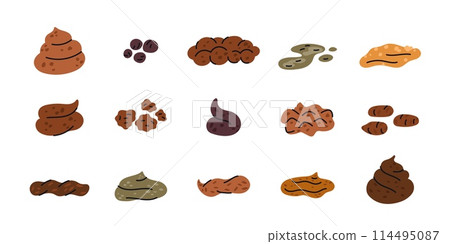 Cartoon poops. Animals and human excrements. Organic fertilizers. Different shapes and consistency types. Solid and liquid feces. Pets crap heap. Manure pile. Toilet shit. Garish vector set 114495087