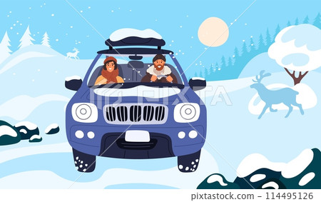 People in car travel. Cute driver and passenger. Vehicle front view. Winter trip. Family driving on snow covered road. Snowy landscape. Automobile adventure vacation. Garish vector concept 114495126