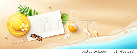 White paper space, summer yellow hat, beach ball, coconut leaf, background White paper space, summer yellow hat, beach ball, coconut leaf, background 114495188