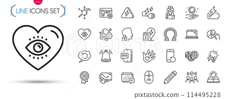 Pack of Lightning bolt, Social responsibility and Chromium mineral line icons. Include Omega, Battery, 5g internet pictogram icons. Charging station, Vaccination, Electricity plug signs. Vector 114495228