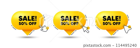 Sale 50 percent off discount. Click here buttons. Promotion price offer sign. Retail badge symbol. Sale speech bubble chat message. Talk box infographics. Vector 114495240