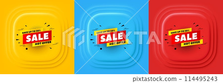 Sale 50 percent off banner. Neumorphic offer banner, flyer or poster. Discount sticker shape. Hot offer icon. Sale 50 percent promo event banner. 3d square buttons. Special deal coupon. Vector 114495243