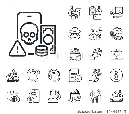 Money scam crime sign. Cash money, loan and mortgage outline icons. Phishing line icon. Online fraud or thief symbol. Phishing line sign. Credit card, crypto wallet icon. Inflation, job salary. Vector Money scam crime sign. Cash money, loan and mortgage outline icons. Phishing line icon. Online fraud or thief symbol. Phishing line sign. Credit card, crypto wallet icon. Inflation, job salary. Vector 114495245