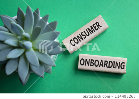 Consumer Onboarding symbol. Wooden blocks with words Consumer Onboarding. Beautiful green background with succulent plant. Business and Consumer Onboarding concept. Copy space. 114495265