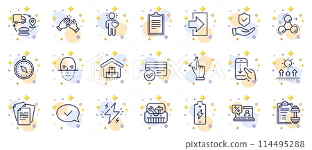 Outline set of Power, Battery charging and Chemistry molecule line icons for web app. Include Sun protection, Clapping hands, Login pictogram icons. Online loan, Friend, Documents signs. Vector 114495288