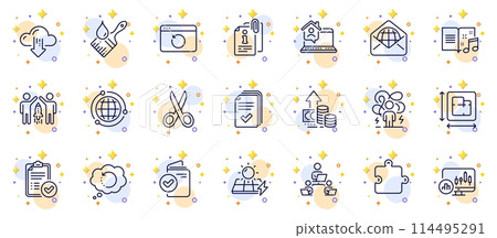 Outline set of Handout, Difficult stress and Solar panels line icons for web app. Include Cloud download, Cut, Candlestick chart pictogram icons. Inflation, Teamwork, Recovery internet signs. Vector 114495291