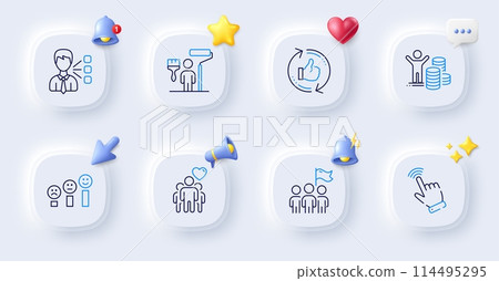Third party, Refresh like and Painter line icons. Buttons with 3d bell, chat speech, cursor. Pack of Budget profit, Friendship, Cursor icon. Leadership, Customer satisfaction pictogram. Vector 114495295