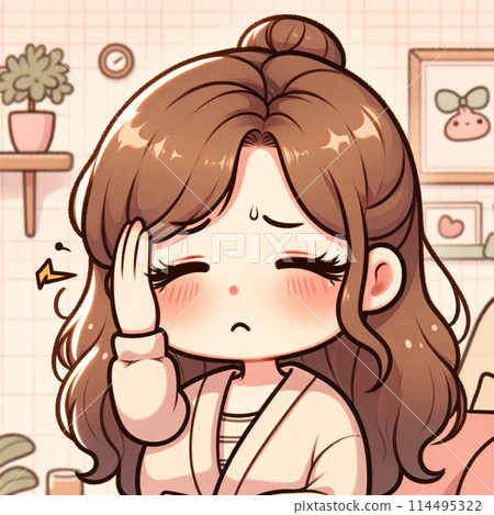 A woman holding her head due to a headache A woman holding her head due to a headache 114495322