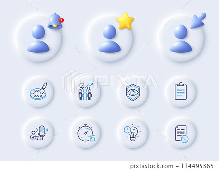 Podcast, Timer and Clipboard line icons. Placeholder with 3d cursor, bell, star. Pack of Time management, Wrong file, Eye detect icon. Palette, Business statistics pictogram. Vector Podcast, Timer and Clipboard line icons. Placeholder with 3d cursor, bell, star. Pack of Time management, Wrong file, Eye detect icon. Palette, Business statistics pictogram. Vector 114495365