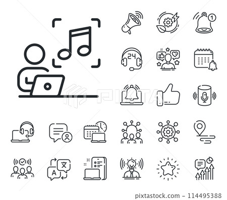Studio record sign. Place location, technology and smart speaker outline icons. Music line icon. Listen audio symbol. Music line sign. Influencer, brand ambassador icon. Support, online offer. Vector Studio record sign. Place location, technology and smart speaker outline icons. Music line icon. Listen audio symbol. Music line sign. Influencer, brand ambassador icon. Support, online offer. Vector 114495388