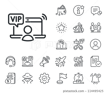 Very important person access sign. Salaryman, gender equality and alert bell outline icons. Vip line icon. Member privilege symbol. Vip access line sign. Spy or profile placeholder icon. Vector Very important person access sign. Salaryman, gender equality and alert bell outline icons. Vip line icon. Member privilege symbol. Vip access line sign. Spy or profile placeholder icon. Vector 114495425