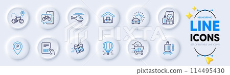 Present delivery, Baggage size and Air balloon line icons for web app. Pack of Bike app, Storage, Helicopter pictogram icons. Car review, Bike delivery, Parking signs. Parcel invoice. Vector Present delivery, Baggage size and Air balloon line icons for web app. Pack of Bike app, Storage, Helicopter pictogram icons. Car review, Bike delivery, Parking signs. Parcel invoice. Vector 114495430
