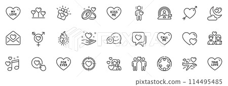 Icons pack as Hold heart, Inclusion and Heart line icons for app include Friends couple, Valentine target, True love outline thin icon web set. Friend, Love music, For ever pictogram. Vector 114495485