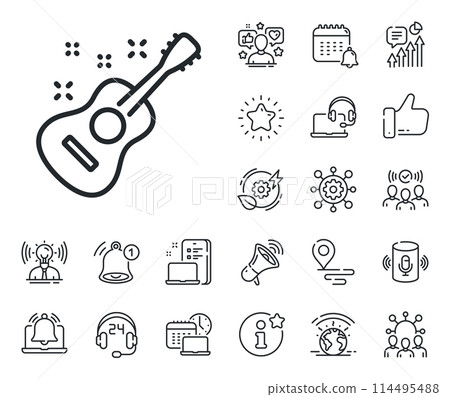 Music sign. Place location, technology and smart speaker outline icons. Acoustic guitar line icon. Musical instrument symbol. Guitar line sign. Influencer, brand ambassador icon. Vector 114495488