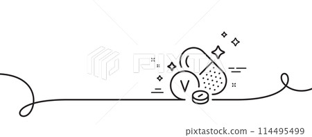 Vanadium mineral line icon. Continuous one line with curl. Chemical element V sign. Capsule or pill symbol. Vanadium mineral single outline ribbon. Loop curve pattern. Vector 114495499