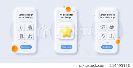 Magic wand, Search and Management line icons pack. 3d phone mockups with star. Glass smartphone screen. Accounting report, Touchscreen gesture, Deckchair web icon. Vector 114495526