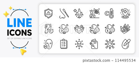 Face biometrics, Vitamin d and Dating line icons set for app include Celsius thermometer, Uv protection, Medical flight outline thin icon. Checklist, Shield, Difficult stress pictogram icon. Vector Face biometrics, Vitamin d and Dating line icons set for app include Celsius thermometer, Uv protection, Medical flight outline thin icon. Checklist, Shield, Difficult stress pictogram icon. Vector 114495534