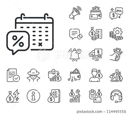 Sale offer sign. Cash money, loan and mortgage outline icons. Discounts calendar line icon. Promotion price symbol. Discounts calendar line sign. Credit card, crypto wallet icon. Vector 114495558