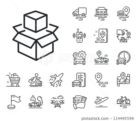 Delivery parcel sign. Plane, supply chain and place location outline icons. Box line icon. Packing boxes symbol. Packing boxes line sign. Taxi transport, rent a bike icon. Travel map. Vector Delivery parcel sign. Plane, supply chain and place location outline icons. Box line icon. Packing boxes symbol. Packing boxes line sign. Taxi transport, rent a bike icon. Travel map. Vector 114495599