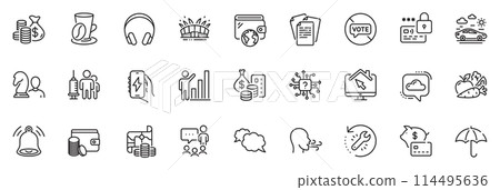 Icons pack as Bell alert, Lock and Piggy bank line icons for app include Graph chart, People chatting, Stop voting outline thin icon web set. Work home, Payment method, Recovery tool pictogram. Vector 114495636