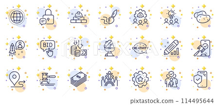 Outline set of Settings gear, Globe and Phone insurance line icons for web app. Include Brush, Inclusion, Engineering team pictogram icons. Dollar, Creativity, Grill signs. Lock. Vector 114495644