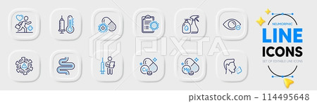 Coronavirus report, Cough and Patient line icons for web app. Pack of Copper mineral, Thermometer, Vaccination announcement pictogram icons. Intestine, Coronavirus, Magnesium mineral signs. Vector 114495648