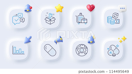Change money, Baggage cart and Capsule pill line icons. Buttons with 3d bell, chat speech, cursor. Pack of Online voting, Cyber attack, Spanner icon. Aluminium mineral, Histogram pictogram. Vector Change money, Baggage cart and Capsule pill line icons. Buttons with 3d bell, chat speech, cursor. Pack of Online voting, Cyber attack, Spanner icon. Aluminium mineral, Histogram pictogram. Vector 114495649