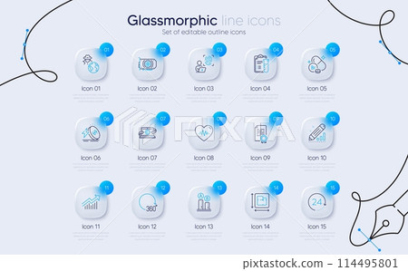 Set of Fraud, Edit statistics and Bromine mineral line icons for web app. Floor plan, 360 degrees, Medical analyzes icons. Copywriting notebook, Demand curve, Gpu signs. Glassmorphism buttons. Vector 114495801
