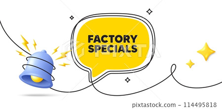 Factory specials tag. Continuous line art banner. Sale offer price sign. Advertising discounts symbol. Factory specials speech bubble background. Wrapped 3d bell icon. Vector 114495818