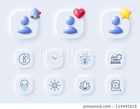 Search, Lotus and Fake internet line icons. Placeholder with 3d bell, star, heart. Pack of Idea, Multichannel, Time icon. Medical mask, Power info pictogram. For web app, printing. Vector Search, Lotus and Fake internet line icons. Placeholder with 3d bell, star, heart. Pack of Idea, Multichannel, Time icon. Medical mask, Power info pictogram. For web app, printing. Vector 114495828