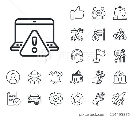 Attention triangle sign. Salaryman, gender equality and alert bell outline icons. Online warning line icon. Internet caution symbol. Online warning line sign. Spy or profile placeholder icon. Vector Attention triangle sign. Salaryman, gender equality and alert bell outline icons. Online warning line icon. Internet caution symbol. Online warning line sign. Spy or profile placeholder icon. Vector 114495875