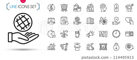 Pack of Delivery, Brain working and Time line icons. Include Fireplace, Stress grows, Video conference pictogram icons. World globe, Buildings, Payment methods signs. Petrol station. Vector 114495913