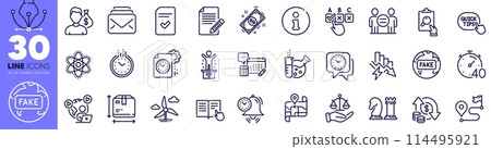 Change money, Video conference and Time management line icons pack. Chess, Map, Article web icon. Winner podium, Clock, Timer pictogram. Chemistry atom, Quick tips, Salary. Vector 114495921