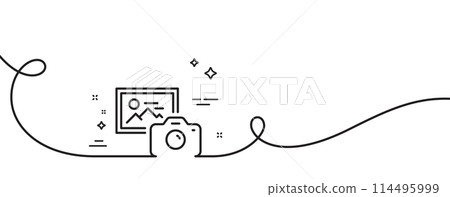 Photo camera line icon. Continuous one line with curl. Image photography sign. Picture placeholder symbol. Photo camera single outline ribbon. Loop curve pattern. Vector Photo camera line icon. Continuous one line with curl. Image photography sign. Picture placeholder symbol. Photo camera single outline ribbon. Loop curve pattern. Vector 114495999